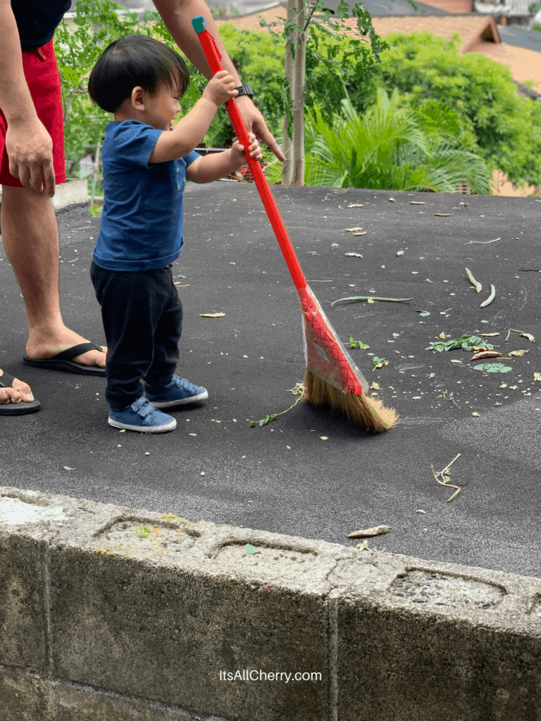 baby sweeping leaves
